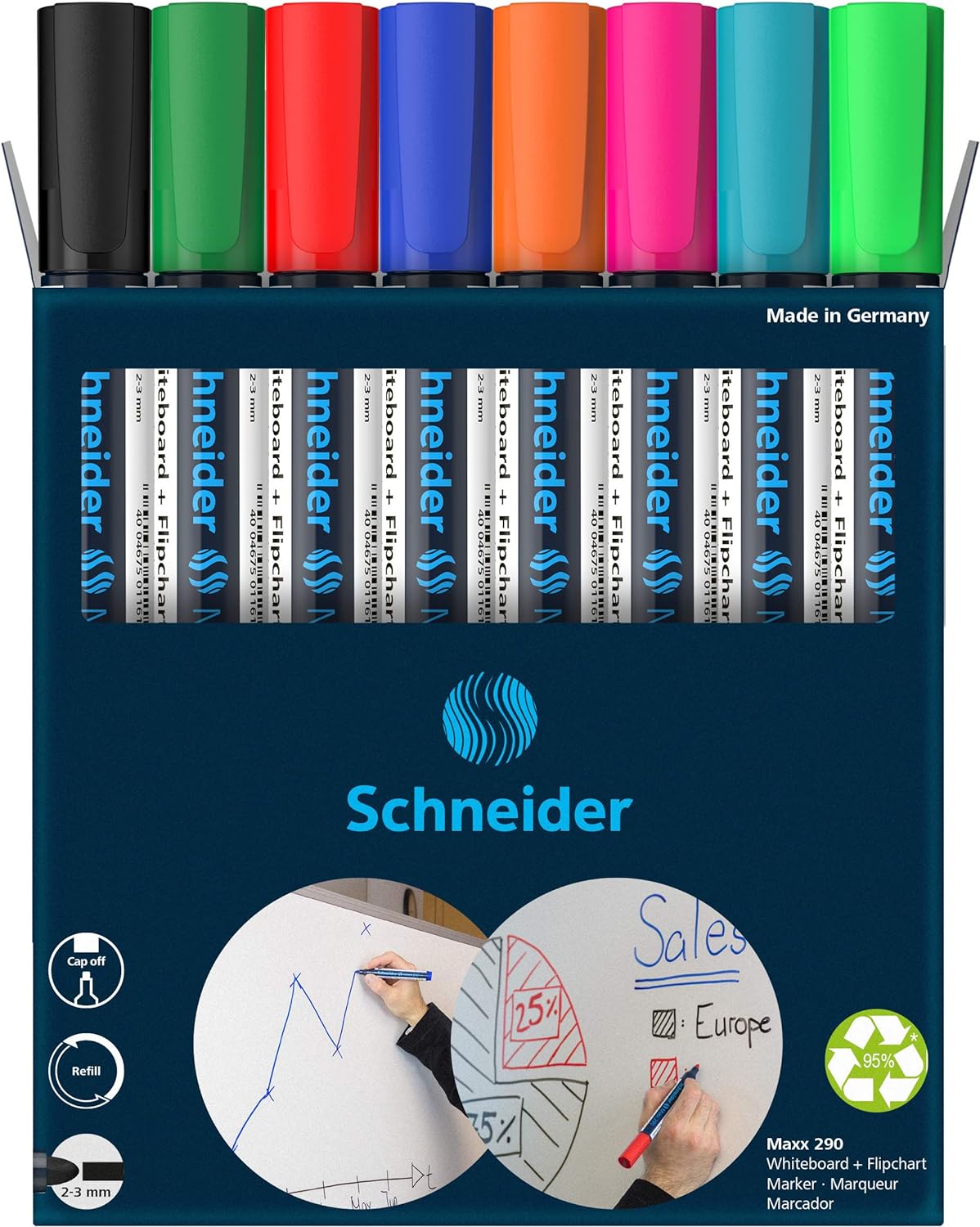 Schneider Maxx 290 Marker for Whiteboards and Flip Charts, Bullet Tip 2-3 mm Line Width, Dry Wipe Clean, High Quality, Strong and Intensive Colour) Case with 8 Colours