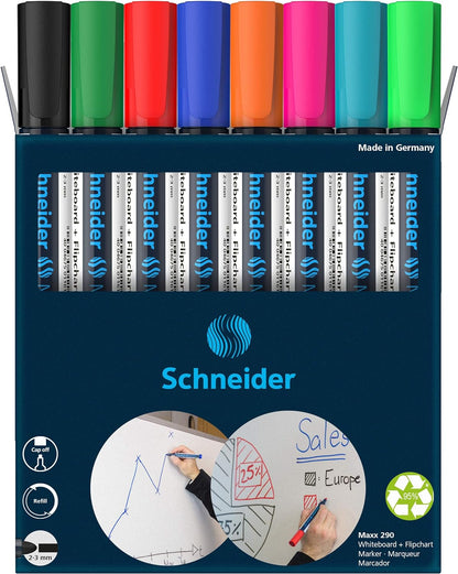 Schneider Maxx 290 Marker for Whiteboards and Flip Charts, Bullet Tip 2-3 mm Line Width, Dry Wipe Clean, High Quality, Strong and Intensive Colour) Case with 8 Colours