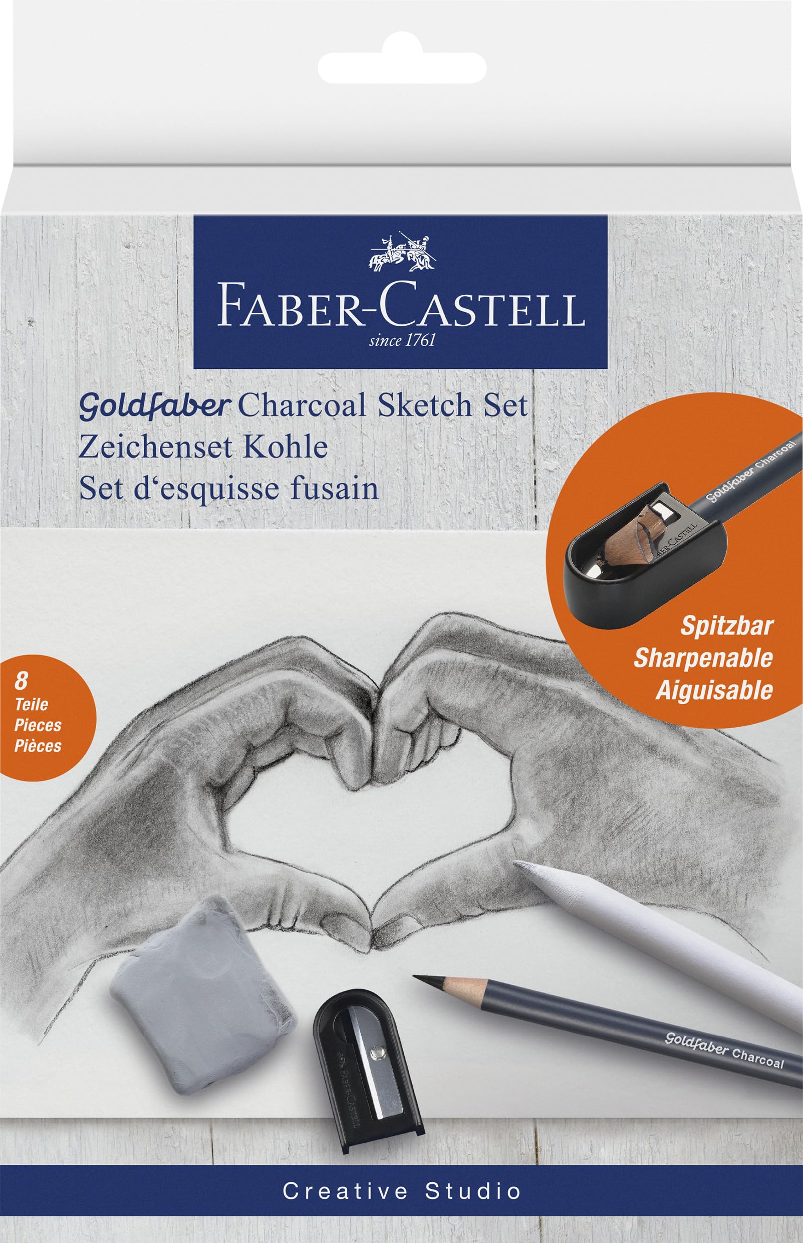 Faber-Castell 114006 - Zeichenset Goldfaber Charcoal, 8-teilig, inkl. Kohlestifte, Spitzer, Papierwischer und Radierer