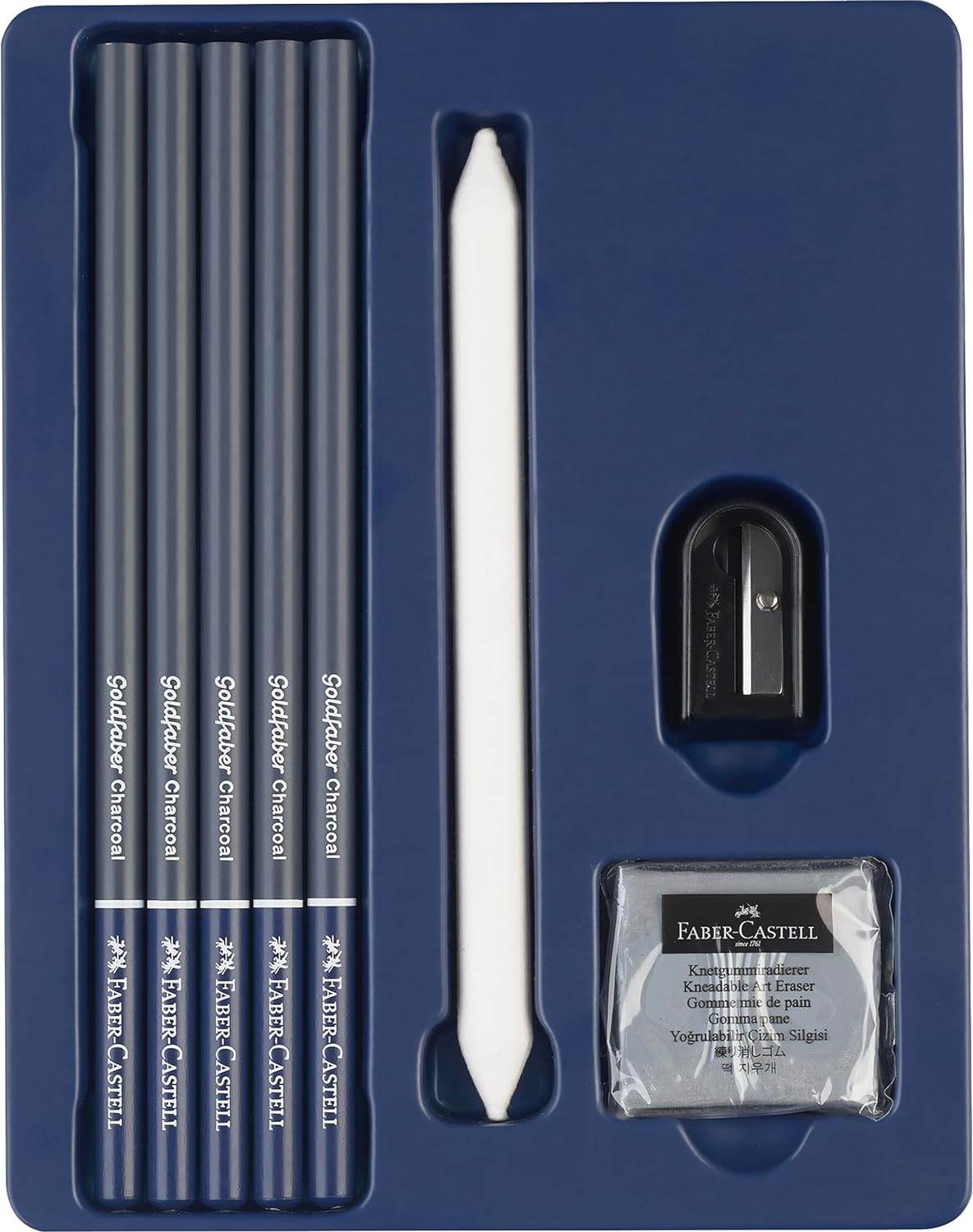 Faber-Castell 114006 - Zeichenset Goldfaber Charcoal, 8-teilig, inkl. Kohlestifte, Spitzer, Papierwischer und Radierer