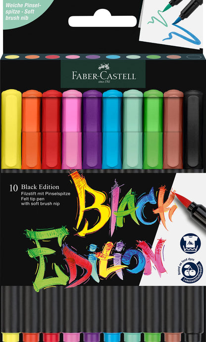 Faber-Castell - 116451. Estuche Cartón 10 Rotuladores Black Edition Pincel. Colores surtidos