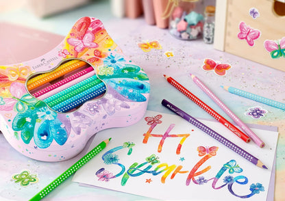 Faber-Castell Gift Set - Sparkle Colouring Pencils in Butterfly Shape Tin - 20 x Pencils inc Stickers