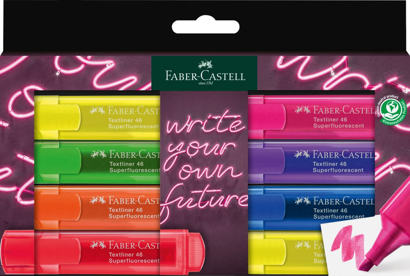 Faber-Castell Textliner 46 Neon Highlter, wallet of 8: 2x yellow, pink, green, orange, red, blue, purple - GenZ