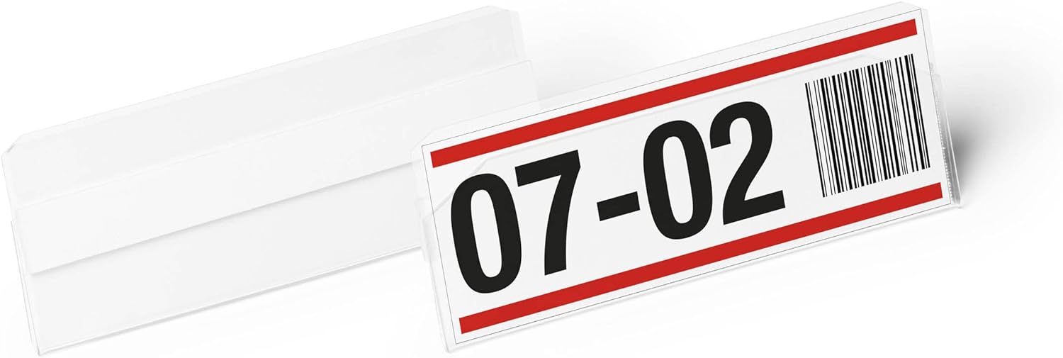 Durable Hard Cover Ticket Holder - Self-Adhesive Label Holder - 100 x 38mm - Pack of 10 - Transparent - Perfect for Labelling Shelves and Racking