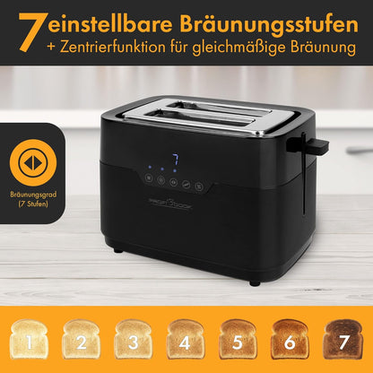 ProfiCook Toaster 2 Scheiben mit Brötchen Aufsatz und extra breitem Toast-Schlitz, Auftaufunktion, 7 einstellbare Bräunungsstufen Edelstahl gleichmäßige Toaster schwarz matt, PC-TA 1244 PC-TA 1244 inox Sensor Touch