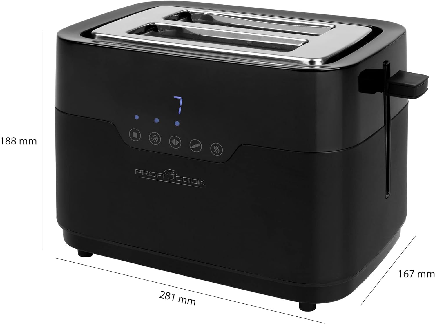 ProfiCook Toaster 2 Scheiben mit Brötchen Aufsatz und extra breitem Toast-Schlitz, Auftaufunktion, 7 einstellbare Bräunungsstufen Edelstahl gleichmäßige Toaster schwarz matt, PC-TA 1244 PC-TA 1244 inox Sensor Touch