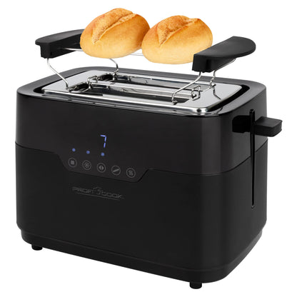 ProfiCook Toaster 2 Scheiben mit Brötchen Aufsatz und extra breitem Toast-Schlitz, Auftaufunktion, 7 einstellbare Bräunungsstufen Edelstahl gleichmäßige Toaster schwarz matt, PC-TA 1244 PC-TA 1244 inox Sensor Touch
