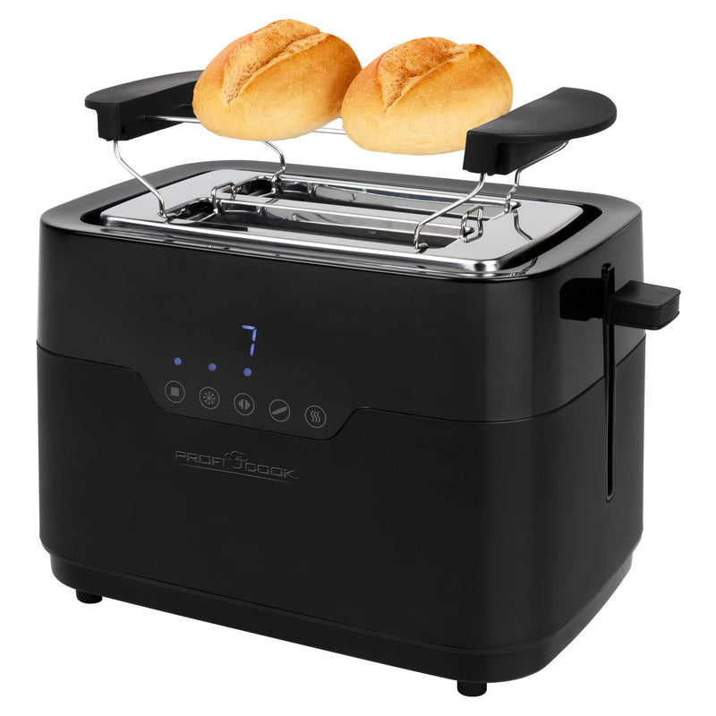 ProfiCook Toaster 2 Scheiben mit Brötchen Aufsatz und extra breitem Toast-Schlitz, Auftaufunktion, 7 einstellbare Bräunungsstufen Edelstahl gleichmäßige Toaster schwarz matt, PC-TA 1244 PC-TA 1244 inox Sensor Touch