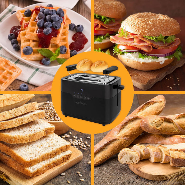 ProfiCook Toaster 2 Scheiben mit Brötchen Aufsatz und extra breitem Toast-Schlitz, Auftaufunktion, 7 einstellbare Bräunungsstufen Edelstahl gleichmäßige Toaster schwarz matt, PC-TA 1244 PC-TA 1244 inox Sensor Touch