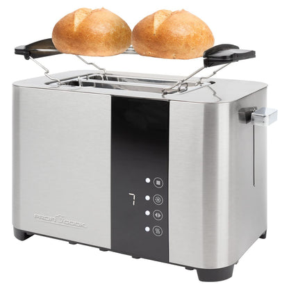 ProfiCook Toaster, Toaster 2 Scheiben mit Sensor Touch Bedienung, Auftau-, Aufwärm-/ Schnellstoppfunktion, Toaster mit Brötchenaufsatz, Toaster Edelstahl, PC-TA 1250 PC-TA 1250 inox Sensor Touch