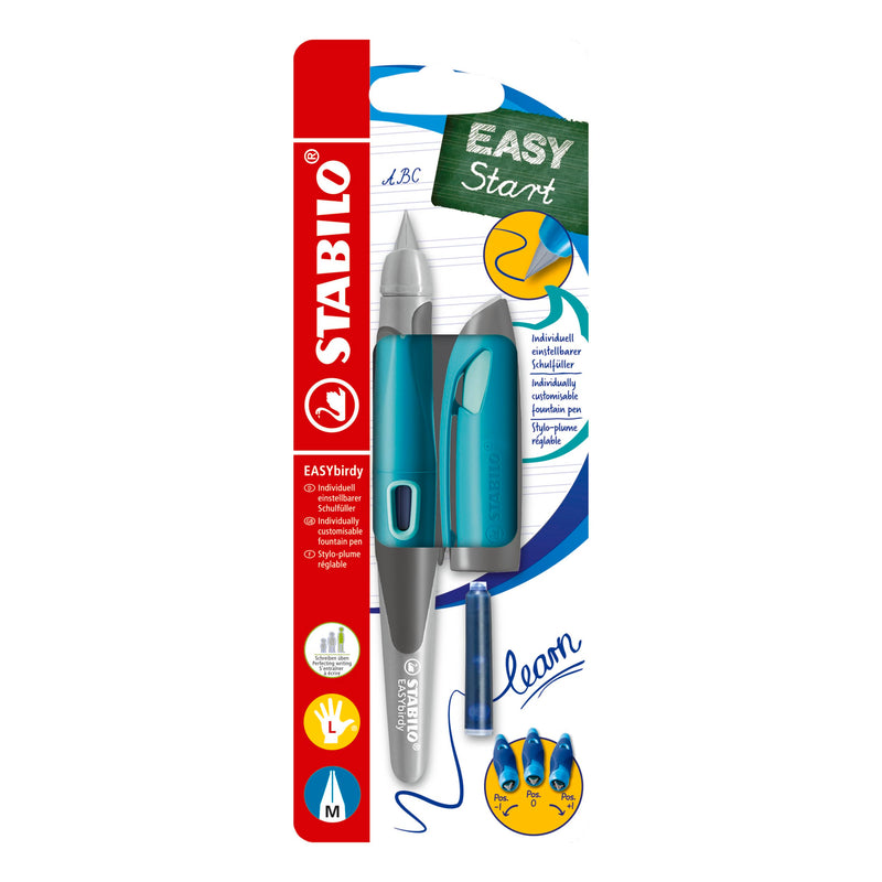 Ergonomischer Schulfüller für Linkshänder mit Standard-Feder M - STABILO EASYbirdy Pastel in aqua grün/mint - inkl. Patrone und Einstellwerkzeug - blau (löschbar) aqua grün/mint Standard-Feder