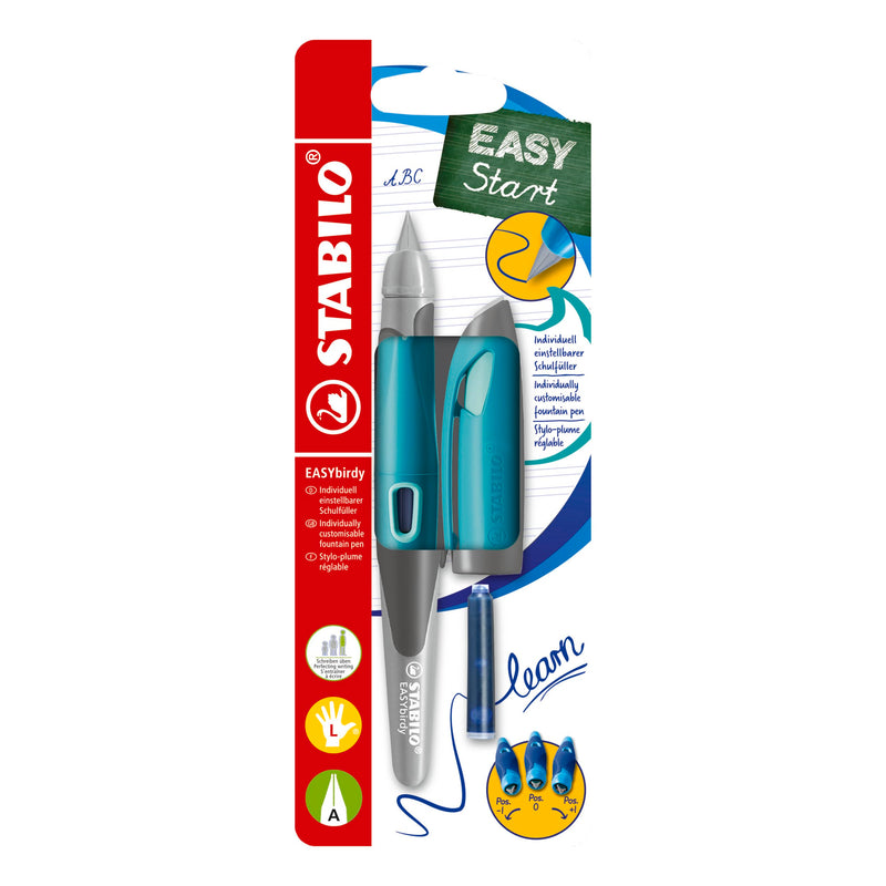 Ergonomischer Schulfüller für Linkshänder mit Anfänger-Feder A - STABILO EASYbirdy Pastel in aqua grün/mint - inkl. Patrone und Einstellwerkzeug - blau (löschbar)