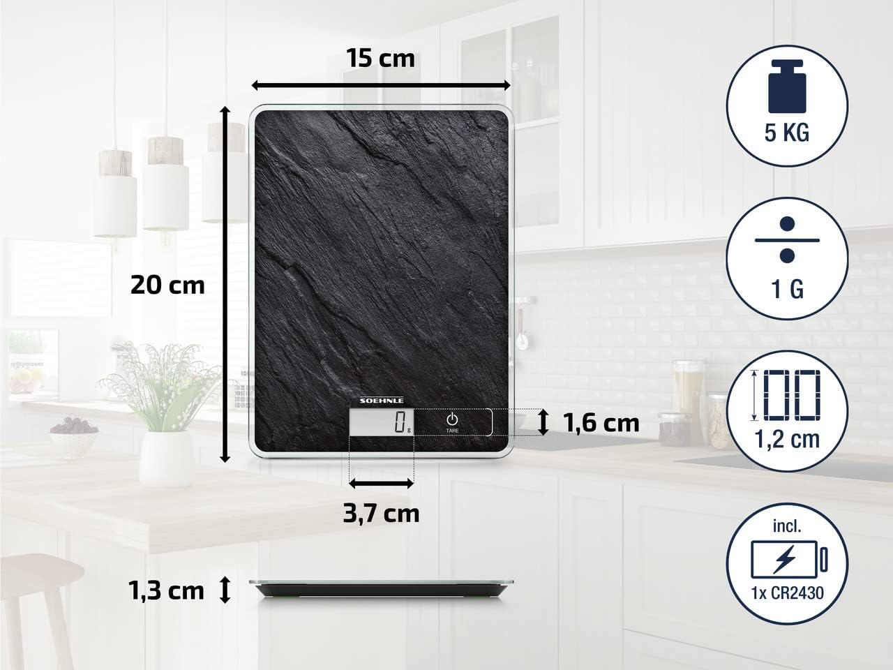 Soehnle Page Compact 300 Slate, digitale Küchenwaage mit Schiefermuster, Gewicht bis zu 5 kg, Haushaltswaage mit patentierter Sensor-Touch-Funktion, elektronische Waage inkl. Batterien Schiefer 300