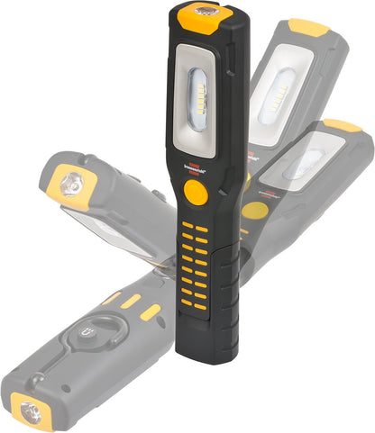 Brennenstuhl LED Arbeitsleuchte mit Akku/Akku Werkstattlampe mit Magnet (300+100 lm, LED Taschenlampe mit bis zu 10 h Leuchtdauer, 360° drehbarer Haken, knickbarer Haltefuß) 300 + 100 Lumen