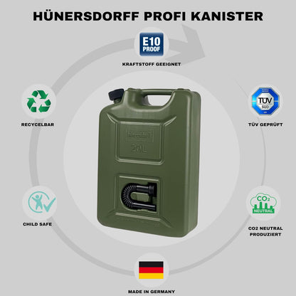 hünersdorff 802010 Kraftstoff-Kanister Profi 20L für Benzin, Diesel und andere Gefahrgüter, UN-Zulassung, Made in Germany, TÜV-geprüfte Produktion, oliv 20 Liter oliv