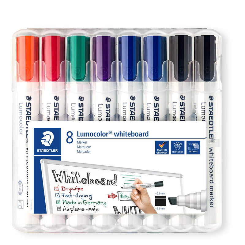 Staedtler Lumocolor 351 B WP8X Whiteboard Marker (Chisel Tip Approx. 2  or 5 mm Line Width, Set of 8 Markers,, Dry and Residue-Free Wiping from Whiteboards