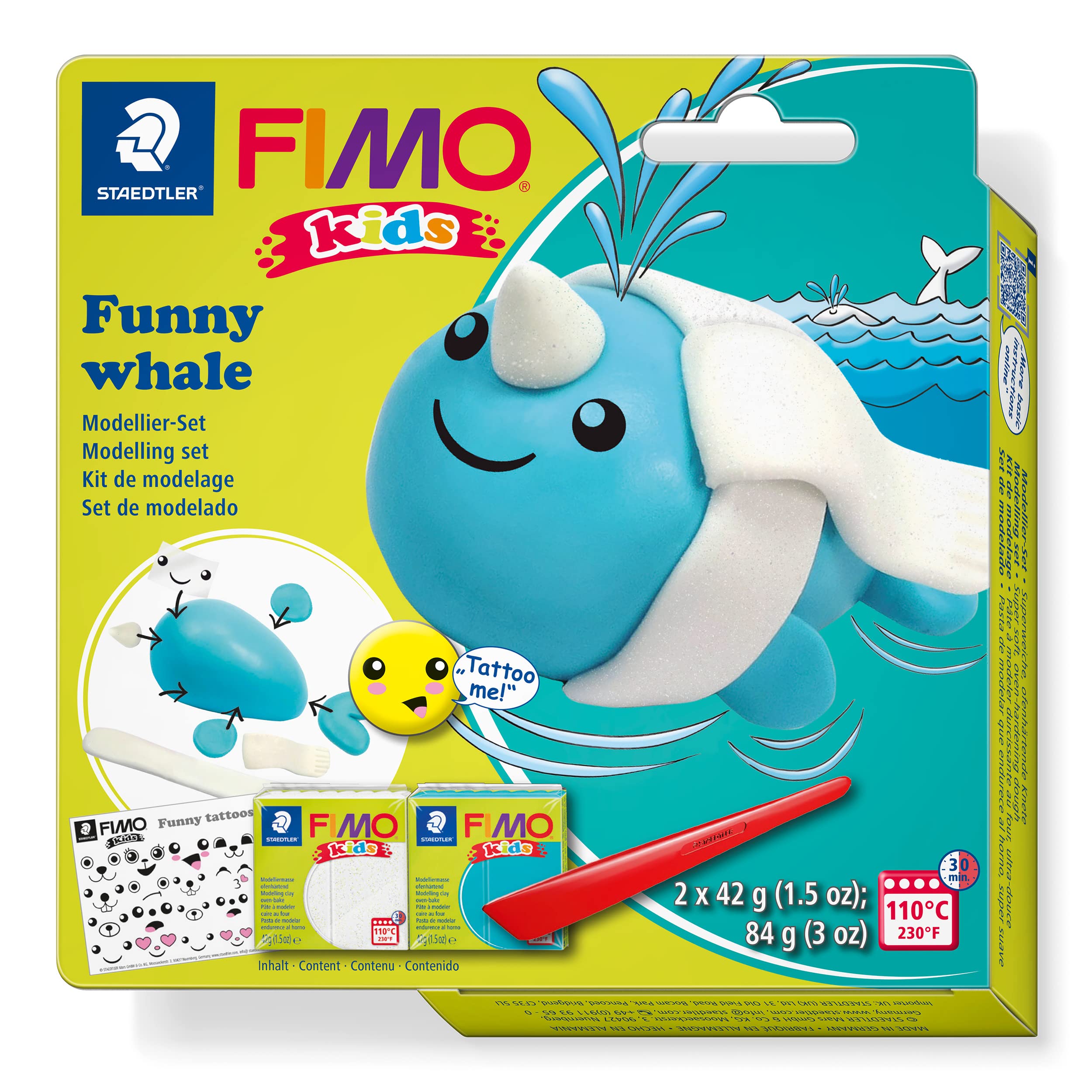 STAEDTLER 8035 21 FIMO Kids Modelling Clay Set - "Funny Whale"  (Pack of 2 FIMO Kids Blocks, Stickers & Modelling Tools)