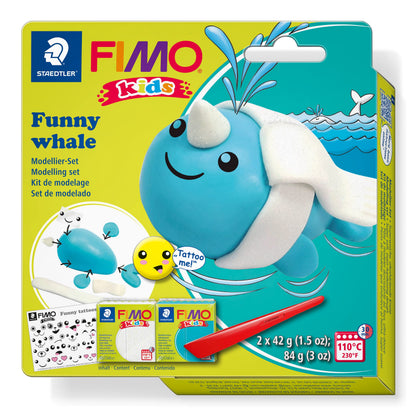 STAEDTLER 8035 21 FIMO Kids Modelling Clay Set - "Funny Whale"  (Pack of 2 FIMO Kids Blocks, Stickers & Modelling Tools)