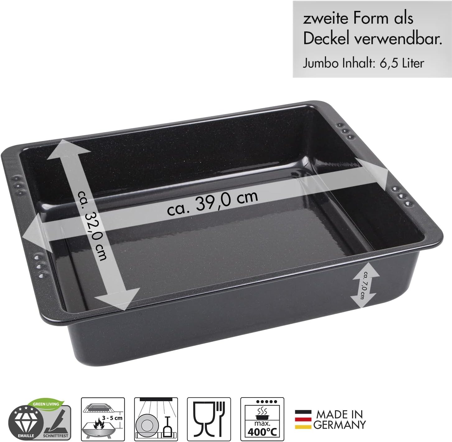 chg Set 350-56 XXL Enamel Roasting Dish Leakage Protection Thanks to Extra Deep Rims (7.0 cm), 6.5 litres, Black Speckled XXL Bräter ca. 39,0 x 32,0 x 7,0 cm