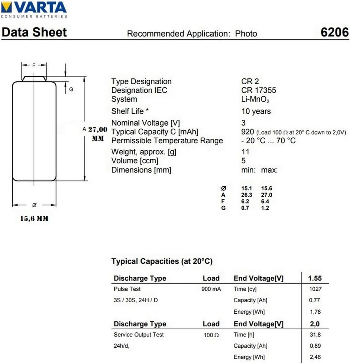 10 VARTA Batterien CR2 Fotobatterien 3,0 V