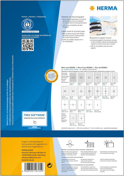 HERMA 10725 Recycled Labels DIN A4 Mini (38.1 x 21.2 mm, 80 Sheets, Recycled Paper, Matte) Self-Adhesive, Printable, Permanent Address Labels, 5,200 Adhesive Labels, Natural White 80 sheets 38,1 x 21,2 mm