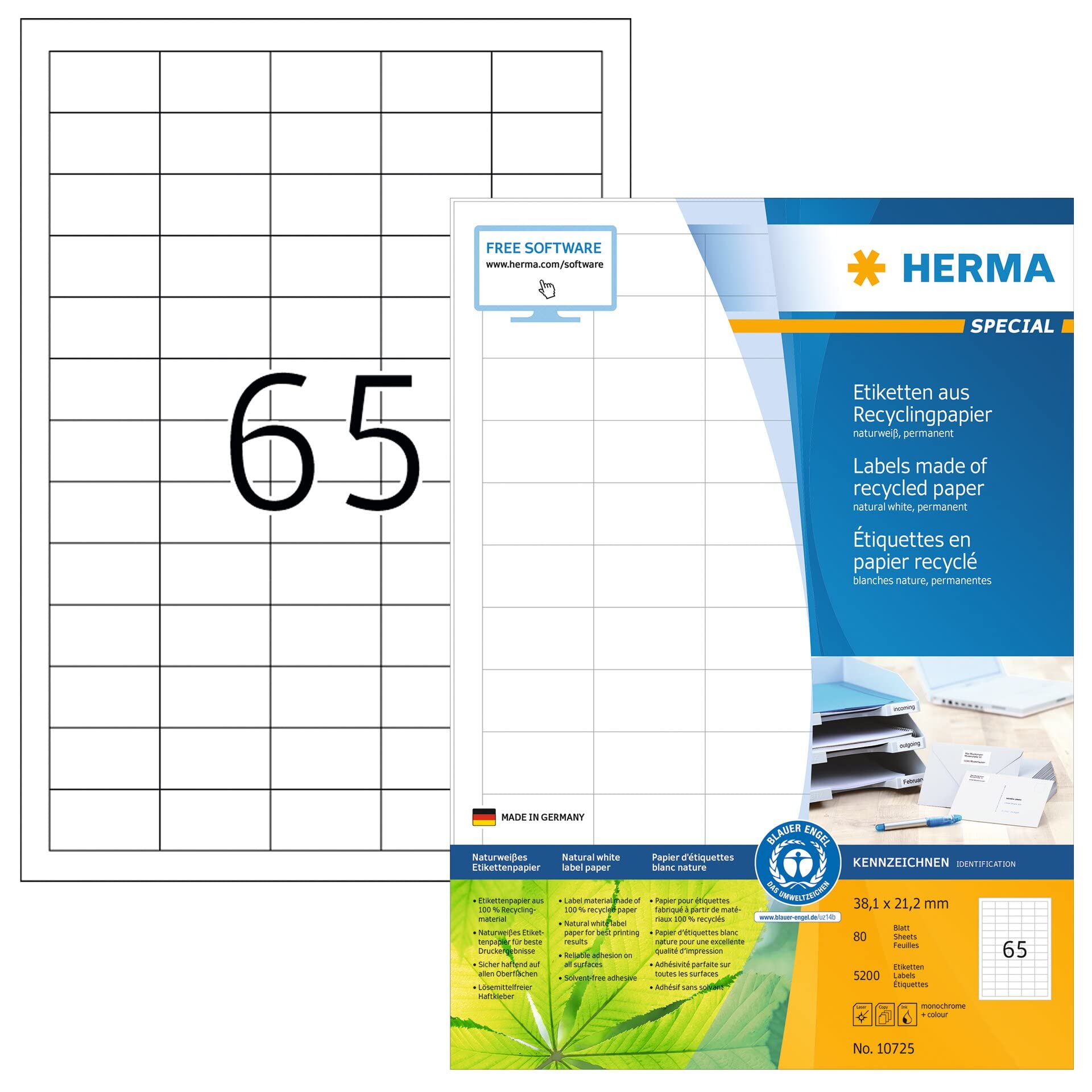 HERMA 10725 Recycled Labels DIN A4 Mini (38.1 x 21.2 mm, 80 Sheets, Recycled Paper, Matte) Self-Adhesive, Printable, Permanent Address Labels, 5,200 Adhesive Labels, Natural White 80 sheets 38,1 x 21,2 mm