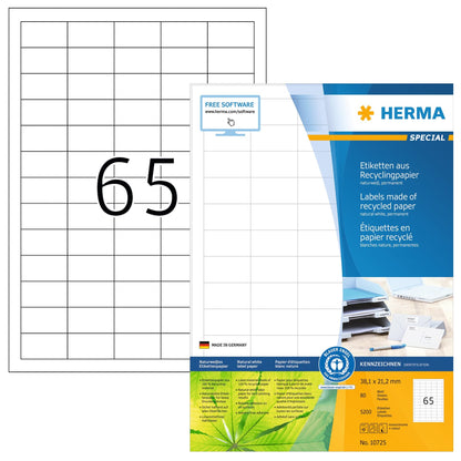 HERMA 10725 Recycled Labels DIN A4 Mini (38.1 x 21.2 mm, 80 Sheets, Recycled Paper, Matte) Self-Adhesive, Printable, Permanent Address Labels, 5,200 Adhesive Labels, Natural White 80 sheets 38,1 x 21,2 mm