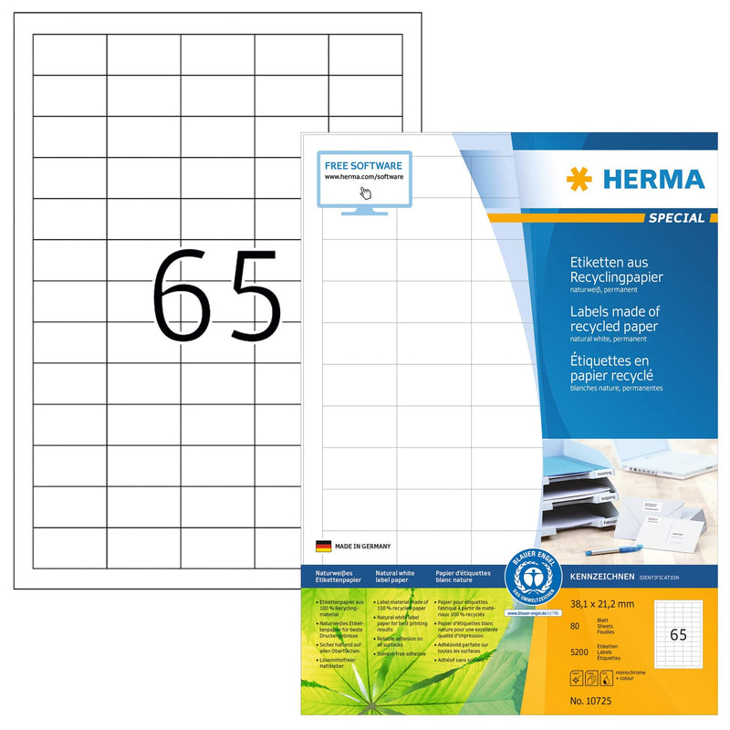 HERMA 10725 Recycled Labels DIN A4 Mini (38.1 x 21.2 mm, 80 Sheets, Recycled Paper, Matte) Self-Adhesive, Printable, Permanent Address Labels, 5,200 Adhesive Labels, Natural White 80 sheets 38,1 x 21,2 mm