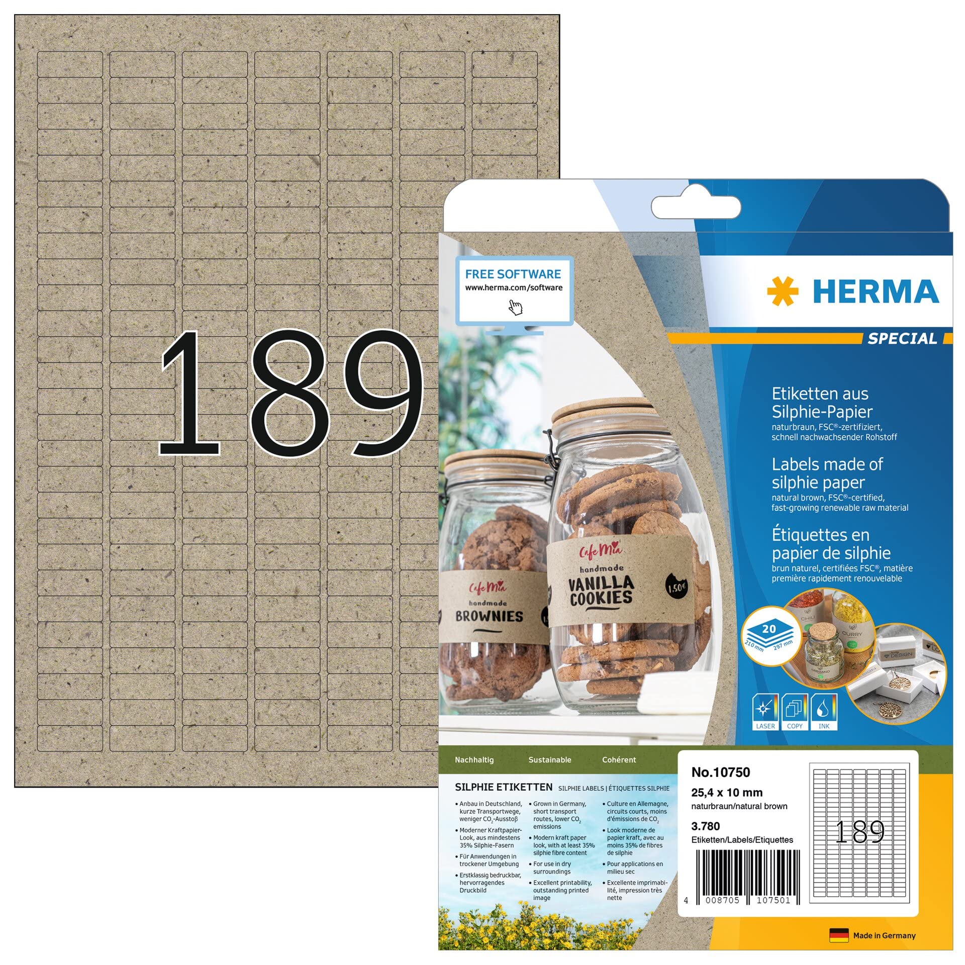 HERMA 10750 Universal Labels, 20 Sheets, 25.4 x 10 mm, 189 Per A4 Sheet, 3780 Stickers, Printable, Matt, Blank Adhesive Labels Made of Silphie Paper, Natural Brown Universal labels 25,4 x 10 mm