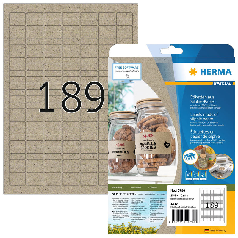 HERMA 10750 Universal Labels, 20 Sheets, 25.4 x 10 mm, 189 Per A4 Sheet, 3780 Stickers, Printable, Matt, Blank Adhesive Labels Made of Silphie Paper, Natural Brown Universal labels 25,4 x 10 mm