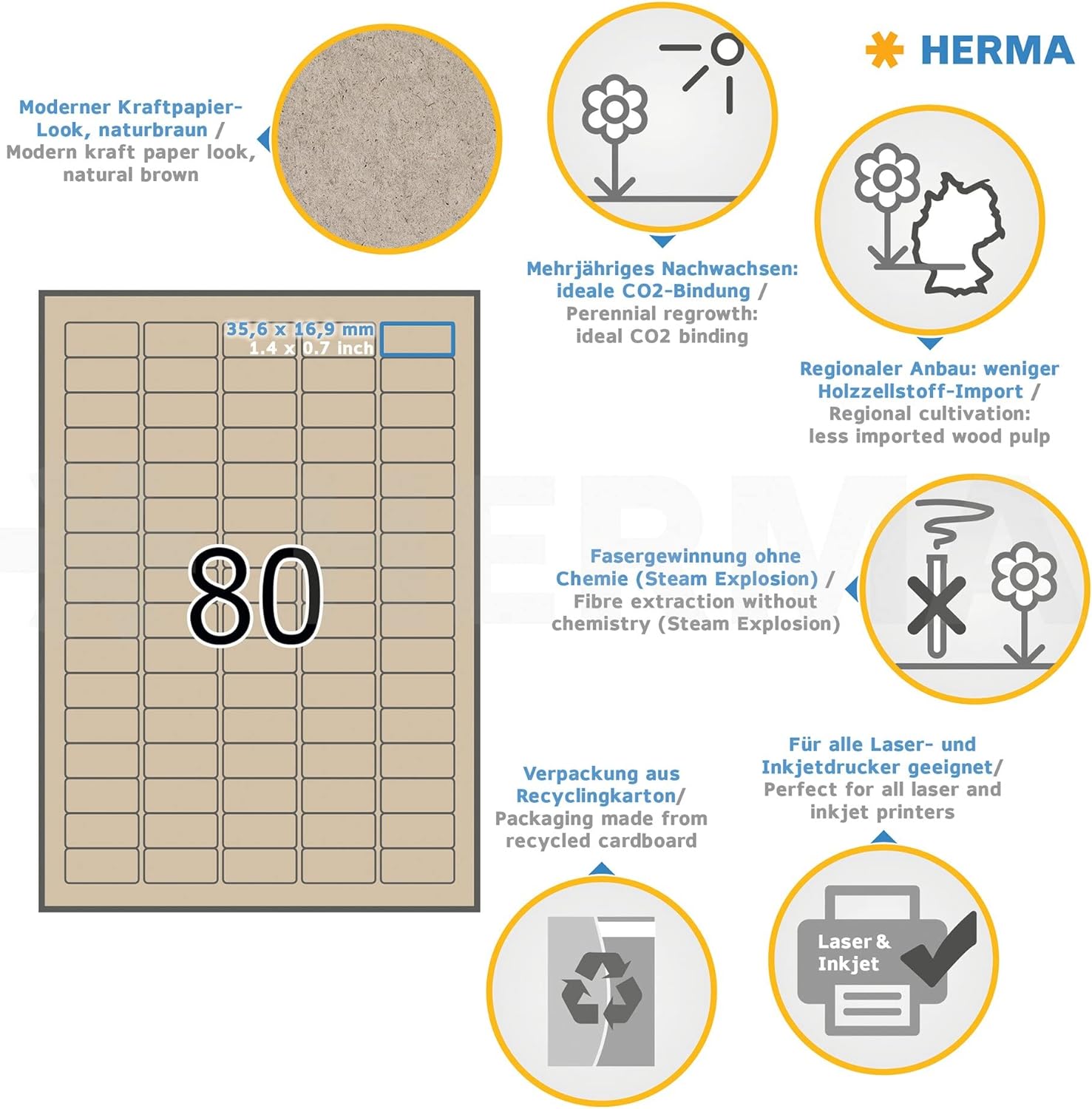 HERMA 10751 Universal Labels DIN A4 Mini (35.6 x 16.9 mm, 20 Sheets, Silphie Paper, Matte) Self-Adhesive, Printable, Permanent Address Stickers, 1,600 Adhesive Labels, Natural Brown Universal labels 35,6 x 16,9 mm
