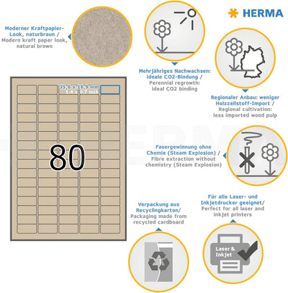 HERMA 10751 Universal Labels DIN A4 Mini (35.6 x 16.9 mm, 20 Sheets, Silphie Paper, Matte) Self-Adhesive, Printable, Permanent Address Stickers, 1,600 Adhesive Labels, Natural Brown Universal labels 35,6 x 16,9 mm
