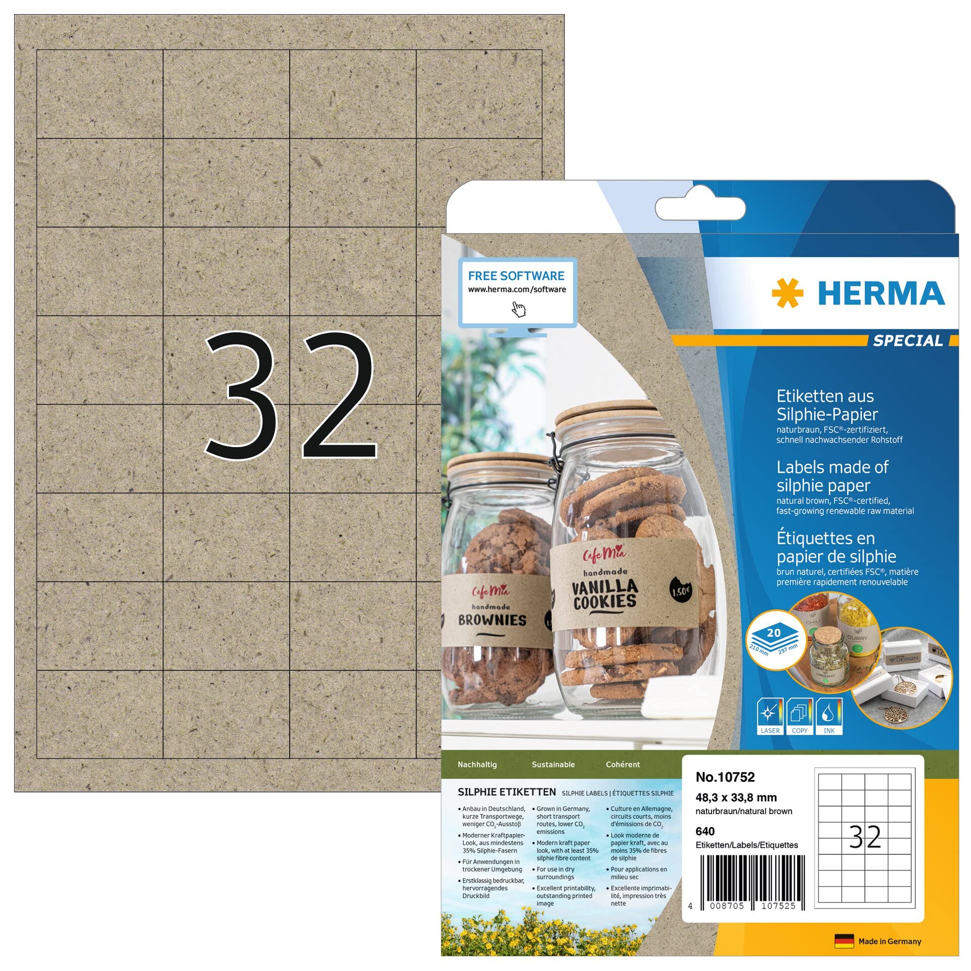 HERMA 10752 Universal Labels, 20 Sheets, 48.3 x 33.8 mm, 32 per A4 Sheet, 640 Stickers, Printable, Matt, Blank Adhesive Labels Made of Silphie Paper, Natural Brown Universal labels 48,3 x 33,8 mm