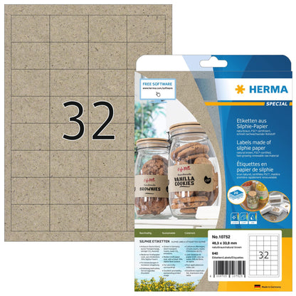 HERMA 10752 Universal Labels, 20 Sheets, 48.3 x 33.8 mm, 32 per A4 Sheet, 640 Stickers, Printable, Matt, Blank Adhesive Labels Made of Silphie Paper, Natural Brown Universal labels 48,3 x 33,8 mm
