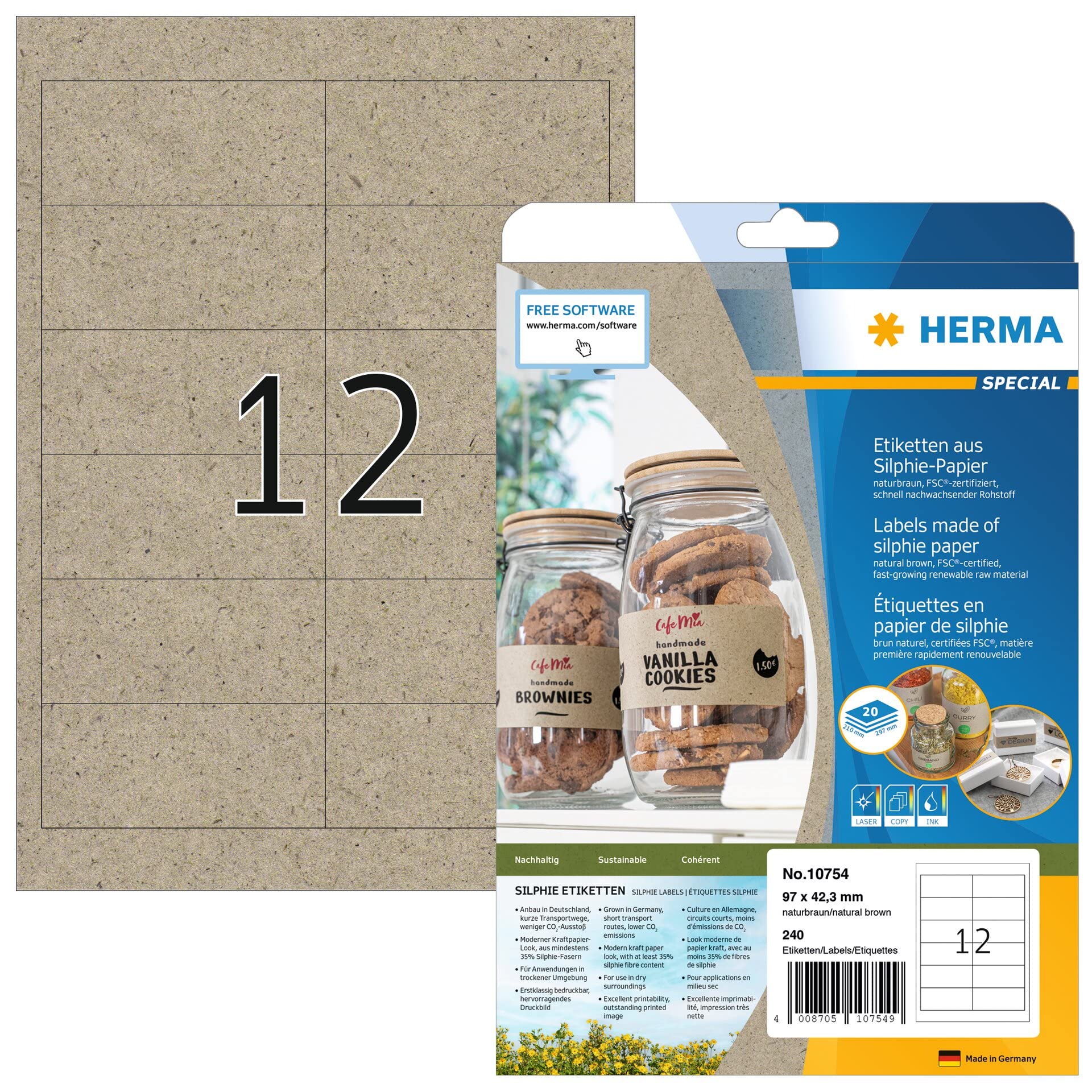 HERMA 10754 Universal Labels DIN A4 (97 x 42.3 mm, 20 Sheets, Silphie Paper, Matte) Self-Adhesive, Printable, Permanently Adhesive Address Labels, 240 Adhesive Labels, Natural Brown Universal labels 97 x 42.3 mm