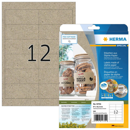 HERMA 10754 Universal Labels DIN A4 (97 x 42.3 mm, 20 Sheets, Silphie Paper, Matte) Self-Adhesive, Printable, Permanently Adhesive Address Labels, 240 Adhesive Labels, Natural Brown Universal labels 97 x 42.3 mm
