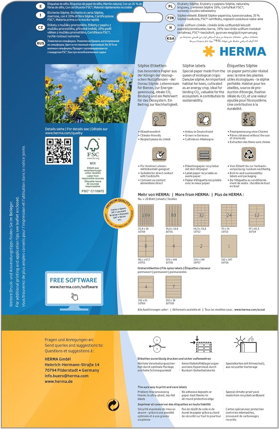 HERMA 10754 Universal Labels DIN A4 (97 x 42.3 mm, 20 Sheets, Silphie Paper, Matte) Self-Adhesive, Printable, Permanently Adhesive Address Labels, 240 Adhesive Labels, Natural Brown Universal labels 97 x 42.3 mm