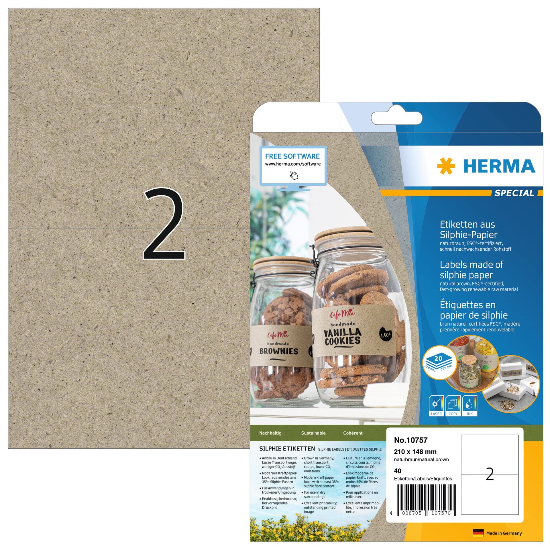 HERMA 10757 Universal Labels DIN A4 Large (210 x 148 mm, 20 Sheets, Silphie Paper, Matte) Self-Adhesive, Printable, Permanently Adhesive Address Labels, 40 Adhesive Labels, Natural Brown Universal labels 210 x 148 mm