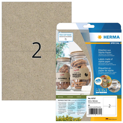 HERMA 10757 Universal Labels DIN A4 Large (210 x 148 mm, 20 Sheets, Silphie Paper, Matte) Self-Adhesive, Printable, Permanently Adhesive Address Labels, 40 Adhesive Labels, Natural Brown Universal labels 210 x 148 mm