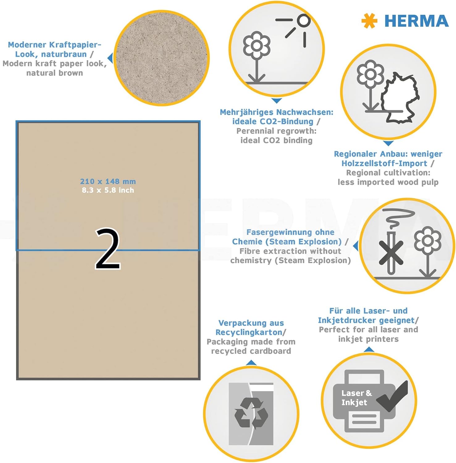 HERMA 10757 Universal Labels DIN A4 Large (210 x 148 mm, 20 Sheets, Silphie Paper, Matte) Self-Adhesive, Printable, Permanently Adhesive Address Labels, 40 Adhesive Labels, Natural Brown Universal labels 210 x 148 mm