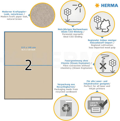 HERMA 10757 Universal Labels DIN A4 Large (210 x 148 mm, 20 Sheets, Silphie Paper, Matte) Self-Adhesive, Printable, Permanently Adhesive Address Labels, 40 Adhesive Labels, Natural Brown Universal labels 210 x 148 mm