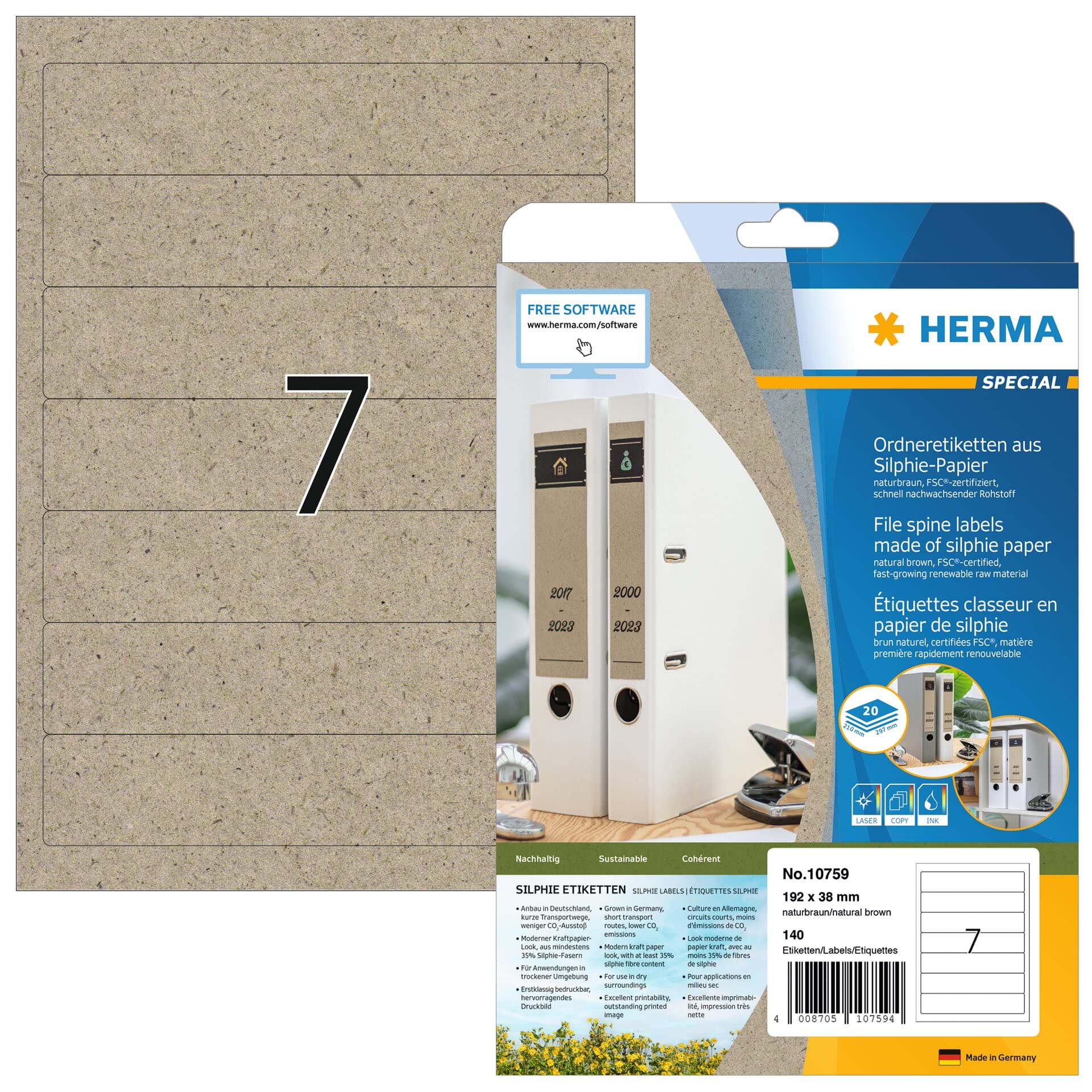 HERMA 10759 Folder Spine Labels Short Narrow 20 Sheets 192 x 38 mm 7 per A4 Sheet 140 Folder Labels Self-Adhesive Printable Opaque Silphie Paper Spine Labels Natural Brown Folder spine labels 192 x 38 mm