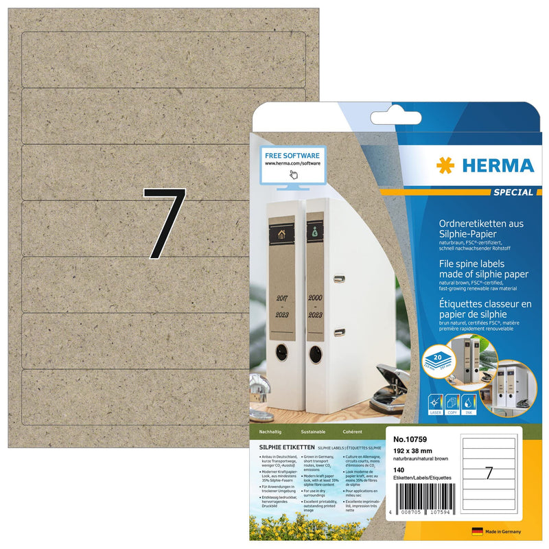 HERMA 10759 Folder Spine Labels Short Narrow 20 Sheets 192 x 38 mm 7 per A4 Sheet 140 Folder Labels Self-Adhesive Printable Opaque Silphie Paper Spine Labels Natural Brown Folder spine labels 192 x 38 mm
