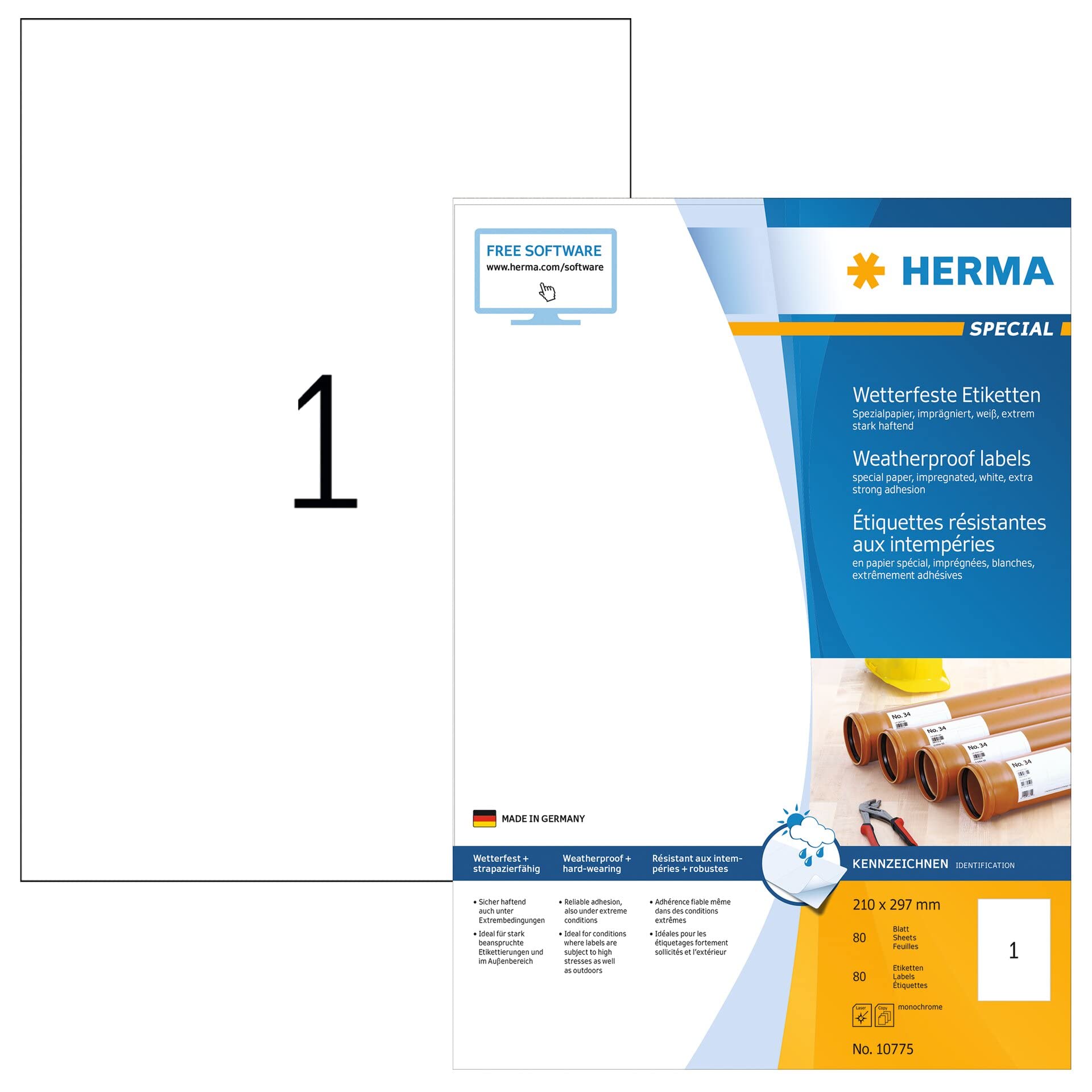 HERMA 10775 Weatherproof Labels Made of Special Paper DIN A4 (210 x 297 mm, 80 Sheets, Paper, Impregnated) Self-Adhesive, Printable, Extremely Strong Adhesive Outdoor Labels, 80 Adhesive Labels, White 210 x 297 mm 80 sheets