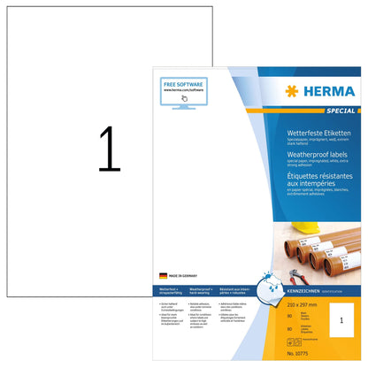 HERMA 10775 Weatherproof Labels Made of Special Paper DIN A4 (210 x 297 mm, 80 Sheets, Paper, Impregnated) Self-Adhesive, Printable, Extremely Strong Adhesive Outdoor Labels, 80 Adhesive Labels, White 210 x 297 mm 80 sheets