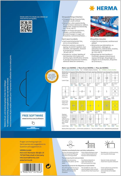 HERMA 10784 Weatherproof Film Labels DIN A4 (210 x 297 mm, 80 Sheets, Polyester Film, Matte) Self-Adhesive, Printable, Extremely Strong Adhesive Durable Adhesive Film, 80 Adhesive Labels, White 210 x 297 mm 80 sheets