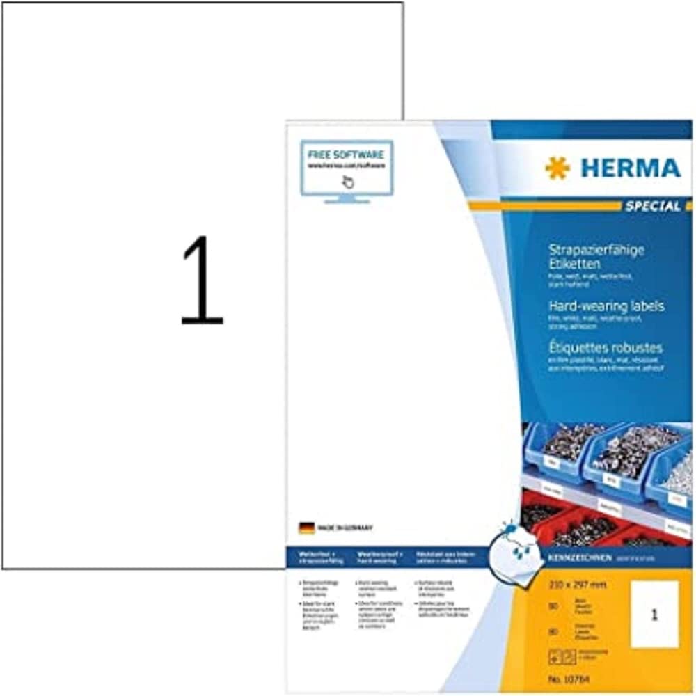 HERMA 10784 Weatherproof Film Labels DIN A4 (210 x 297 mm, 80 Sheets, Polyester Film, Matte) Self-Adhesive, Printable, Extremely Strong Adhesive Durable Adhesive Film, 80 Adhesive Labels, White 210 x 297 mm 80 sheets