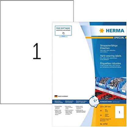 HERMA 10784 Weatherproof Film Labels DIN A4 (210 x 297 mm, 80 Sheets, Polyester Film, Matte) Self-Adhesive, Printable, Extremely Strong Adhesive Durable Adhesive Film, 80 Adhesive Labels, White 210 x 297 mm 80 sheets