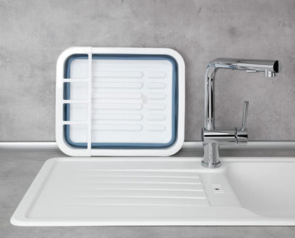 WENKO Geschirrabtropfer Gaia faltbar, zusammenfaltbarer Geschirr Abtropfständer für die Küche, Abtropfgestell mit Besteck-Halter und Tellerständer, Kunststoff, 36,5 x 13 x 31 cm, Blau/Weiß Weiß/Blau