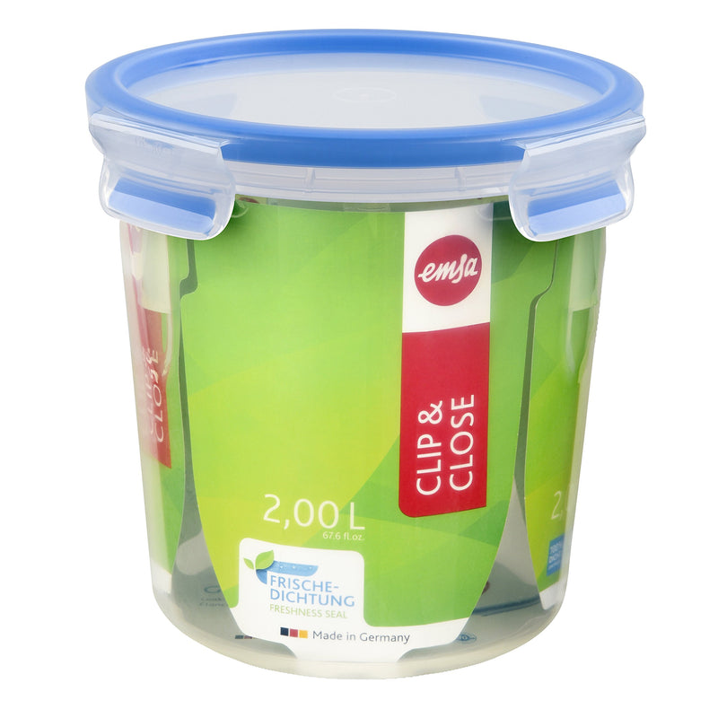 Emsa 508553 Clip & Close round food storage container 2.0 litres, transparent/blue